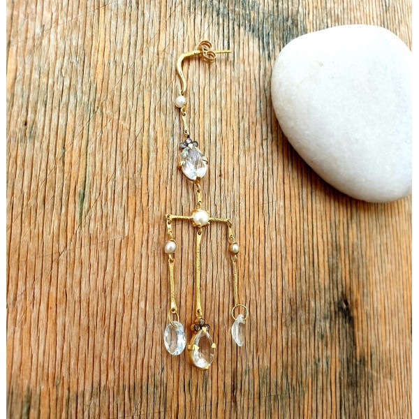 5 Octobre aukso auskaras su deimantais, akvamarinais ir perlais